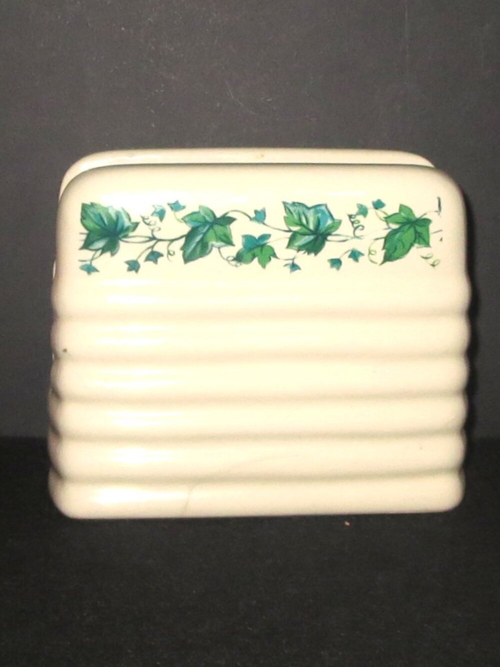 Vintage MCM Ceramic Napkin Holder White Green Ivy Trim Dining Decor Outdoor